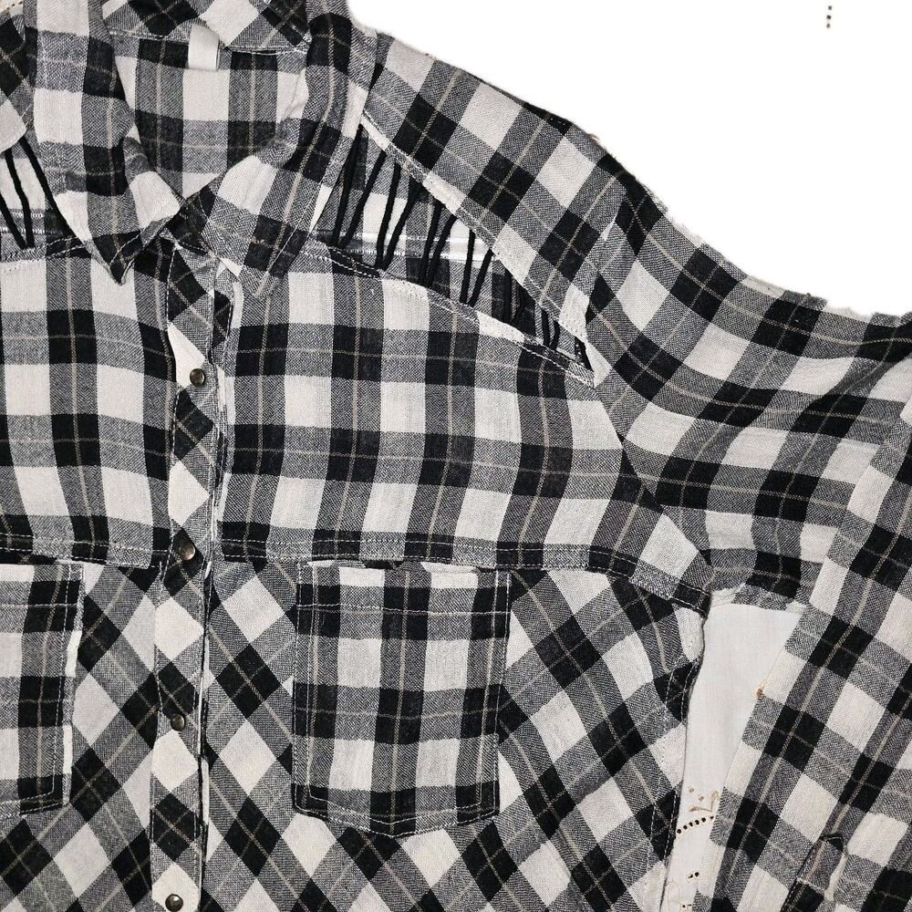 Free People Medium Shirt Women Black White‎ Plaid Snap Up Long Sleeve Top - Picture 2 of 5